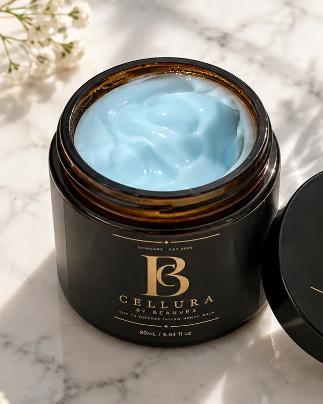 Cellura copper peptide balm, open on a marble vanity