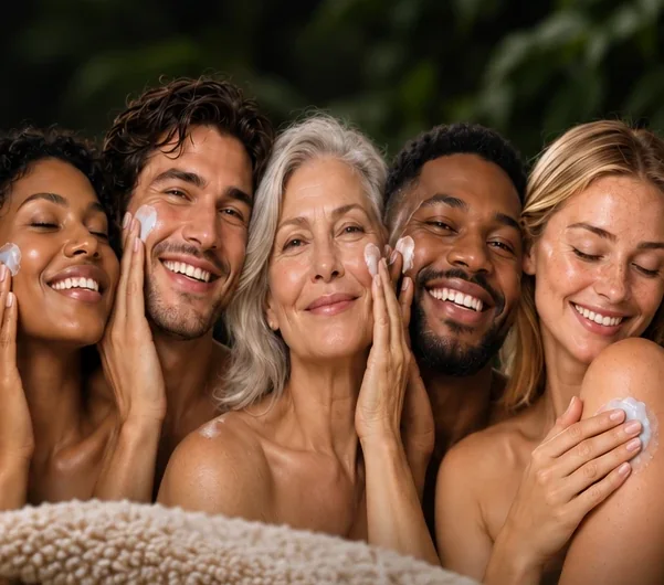 Five people of different ages and backgrounds applying the balm