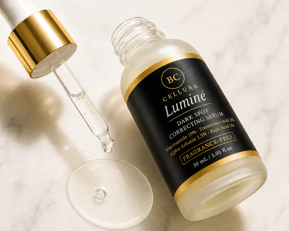 A drop of Luminé serum beside the bottle
