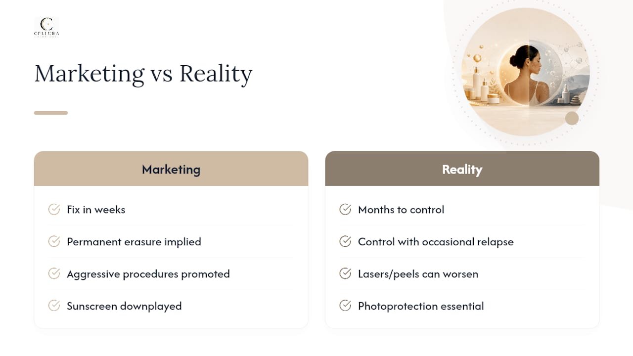 The Gap Between How Melasma Is Marketed and How It Actually Behaves — overview diagram