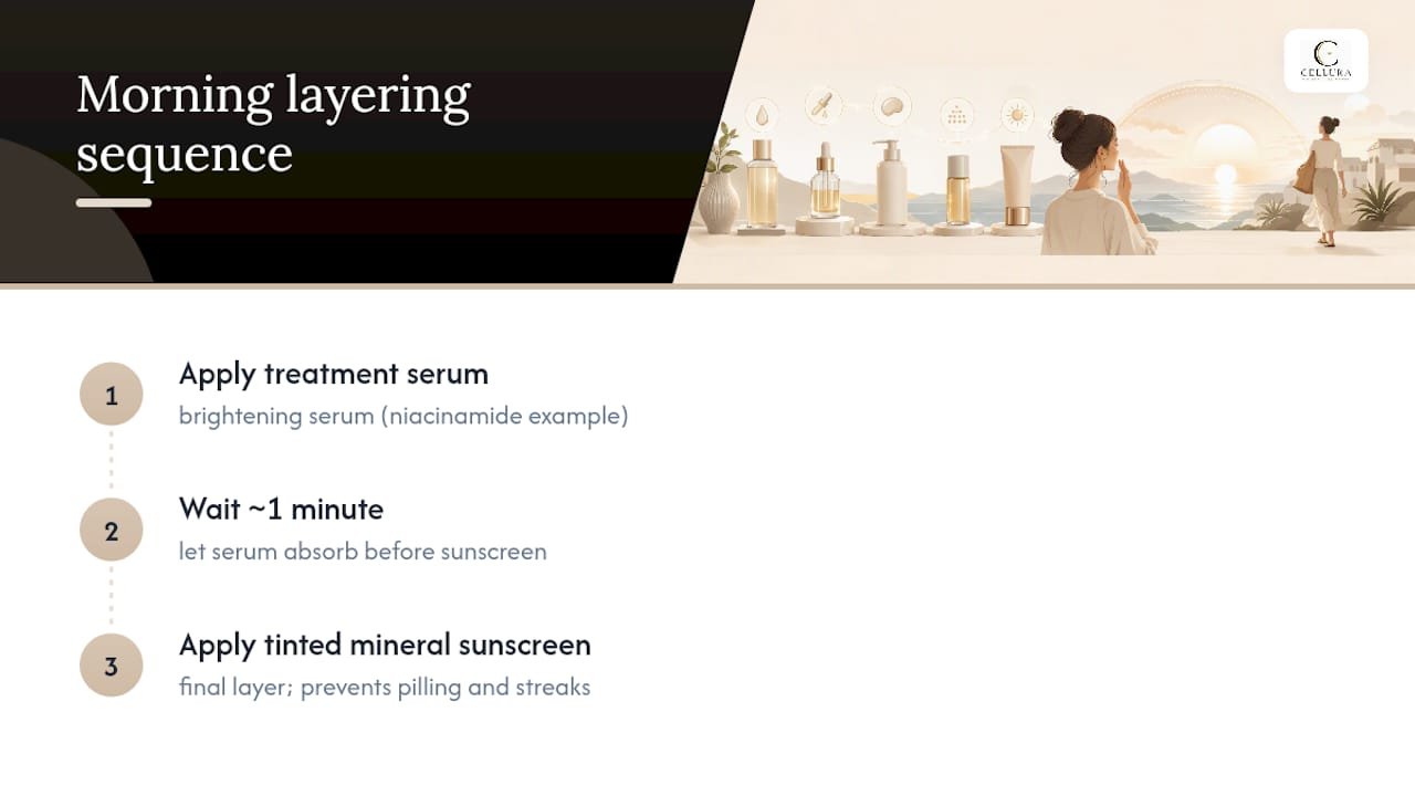 Three-step serum and sunscreen layering sequence