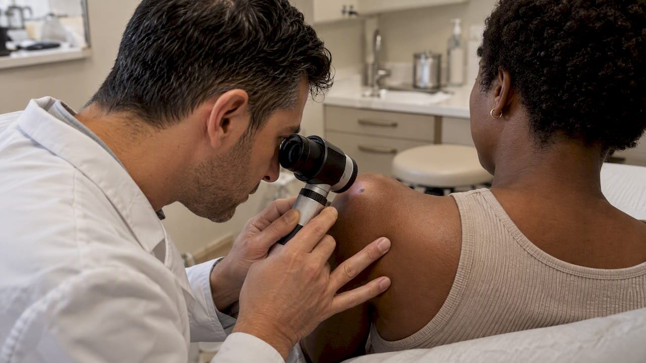 Dermatologist examining a dark spot with dermatoscope